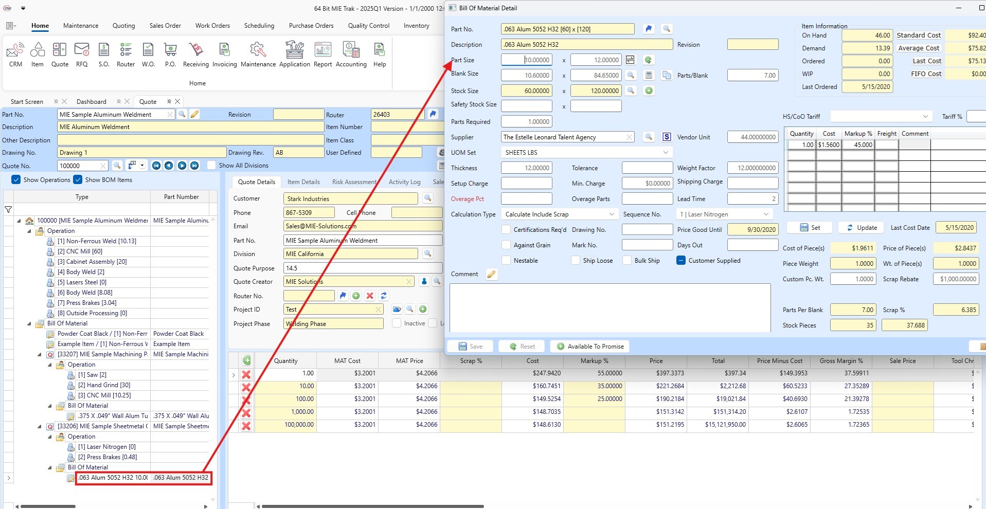 Detailed Quote with Raw Material Example